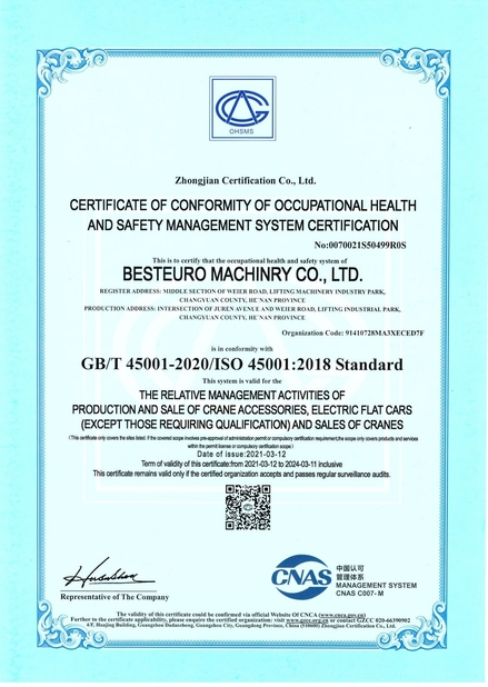 Çin Bestaro Machinery Co.,Ltd Sertifikalar